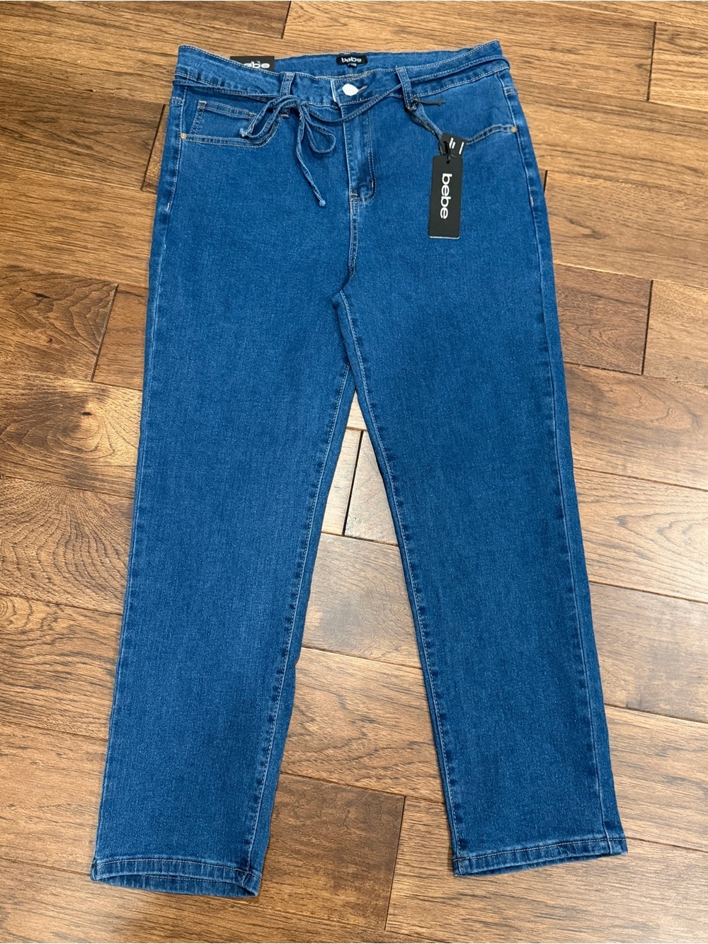 bebe Medium Blue The Tie Skinny Straight Jeans Size 14/32 Pocket Logo Vintage